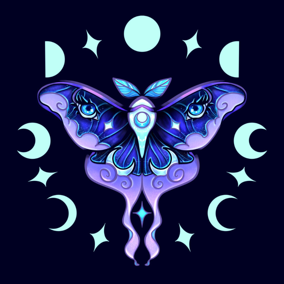 A luna moth with moon phases and swirling lines on its wings, and a tablet pen for a body, inside lunar phase circle. Each moon phase has a star between them. The whole image is a medium blue-purple.